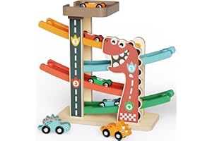 AMAZINGJOY Montessori Car Ramp Toy for Toddlers 1 2 3 Year Old Wooden Dinosaur Race Track with 6 Cars & Parking Garage Kids Play Cars & Race Cars Birthday for 1-3 Boys Girls Baby Motor Skills Toy