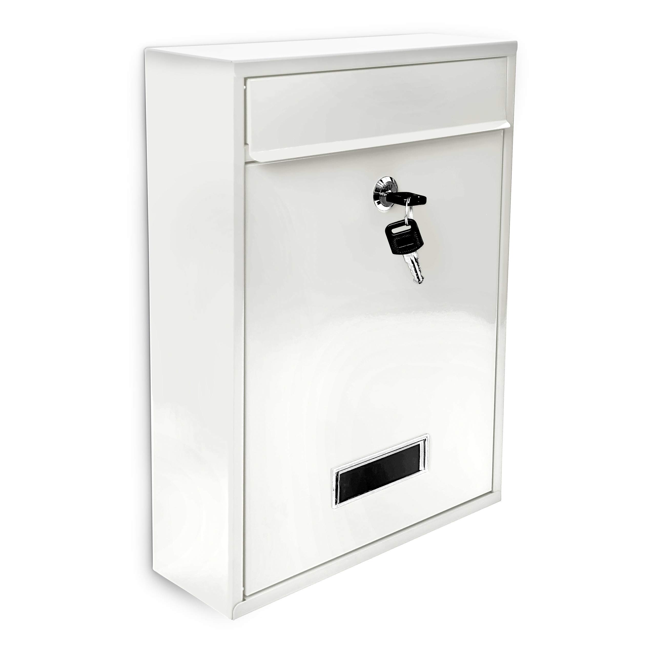 Relaxdays Mailbox/Letterbox made of Metal, Hinged Lid with a Name Plate + 2 Keys, HxWxD: 26.5 x 35 x 8.5 cm, White