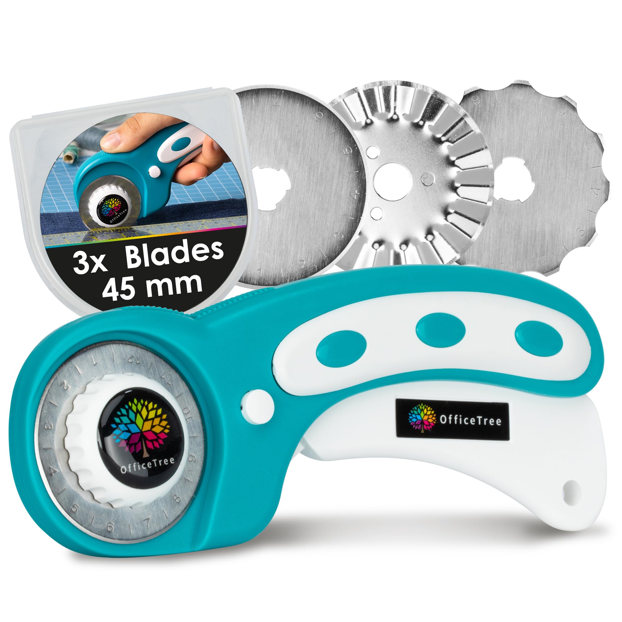 OfficeTree Rotary Cutter for Fabric - 3 Blades - Fabric Cutter Ã˜ 45mm - Material Cutter Wheel for Easy Cutting of Materials and Paper - Fabric Cutting Wheel - Handle Ergonomic Lock Button