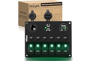 Nilight - 90123F 6 Gang ON Off Rocker Switch Panel Green Backlit 12V24V LED Digital Voltmeter Dual USB Charger Cigarette Lighter Socket Overload Protection Switch Panel For Cars RVs Boats