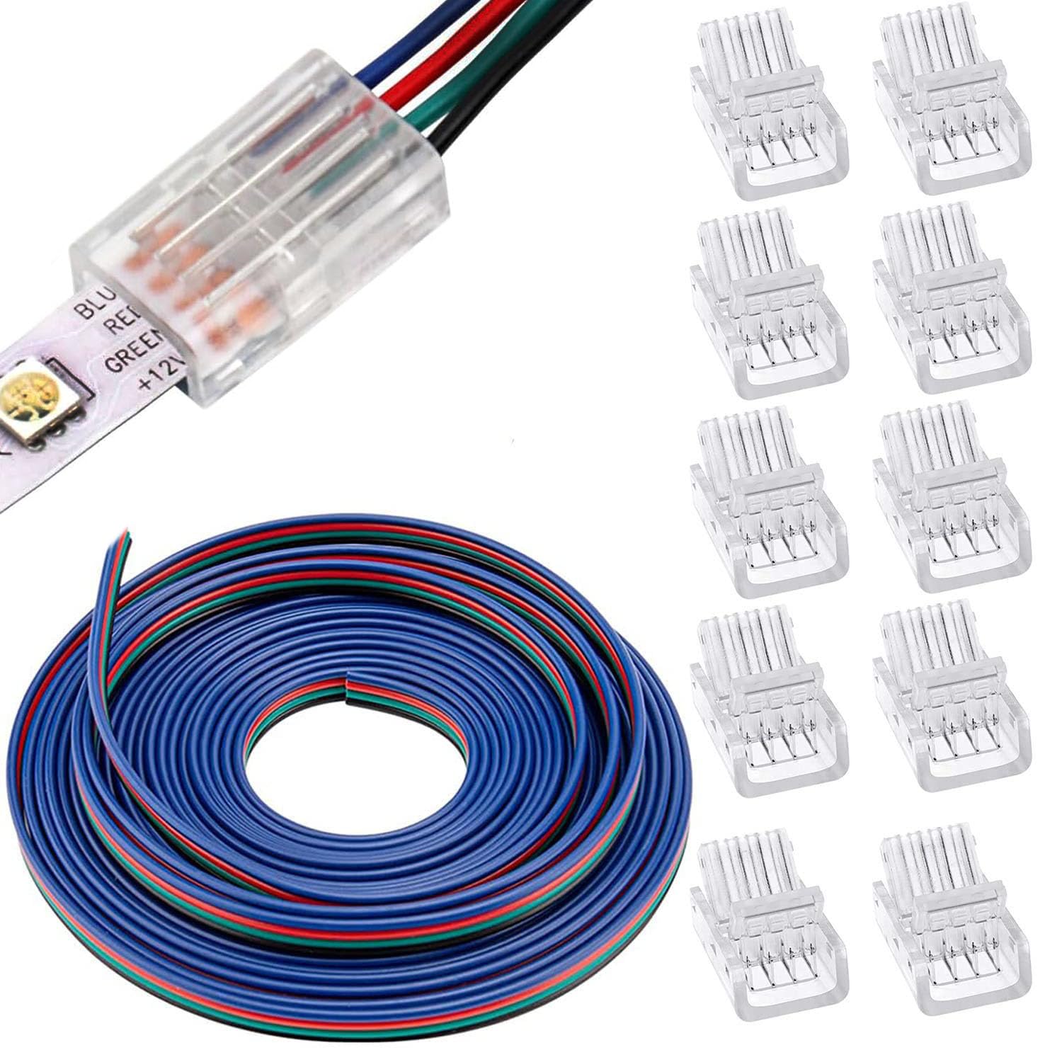 RUNCCI-YUN 5050 4 Pin 10mm RGB LED Light Connector Kit, Includes 5 M led Extension Cable,4 Pin LED Light Connector,Gapless Connector, for 10mm LED Strip to Wire Quick Connection