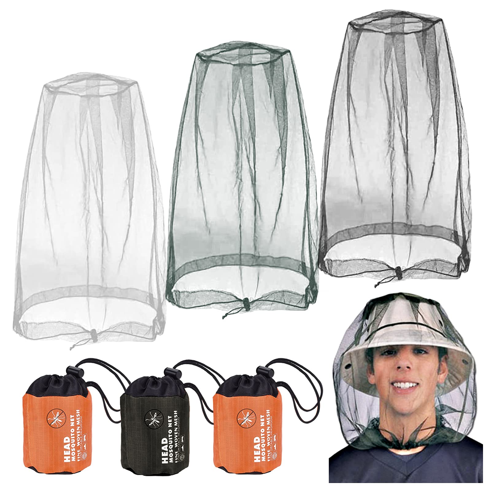 3 Pieces Mosquito Head Net, Nylon Face Net Mesh,Mesh Bug Net for Outdoor Hiking Camping Climbing Fishing and Walking (Gray&Green&Black)