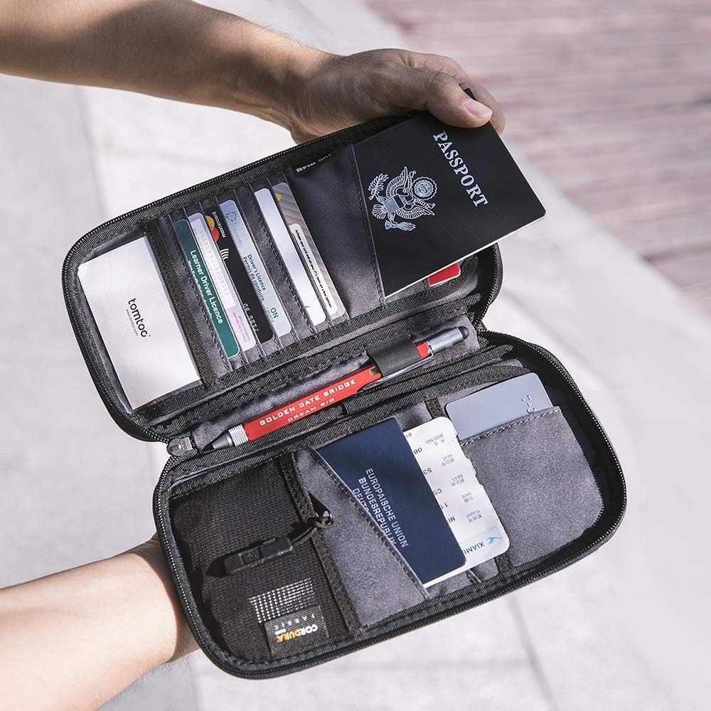 tomtoc Family Passport Holder with a Sim Card Holder and Eject Pin, RFID Blocking Travel Wallet Waterproof Ticket Holder Document Organizer with Chain Strap, Up to 6 Passports 9 Credit Cards