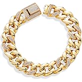 Gem Stone King 18K Yellow Gold Plated Curb Link Chain Moissanite Bracelet For Women (1.64 Cttw, 13MM Width, 6.5 Inch, 7 Inch and 7.5 inch)