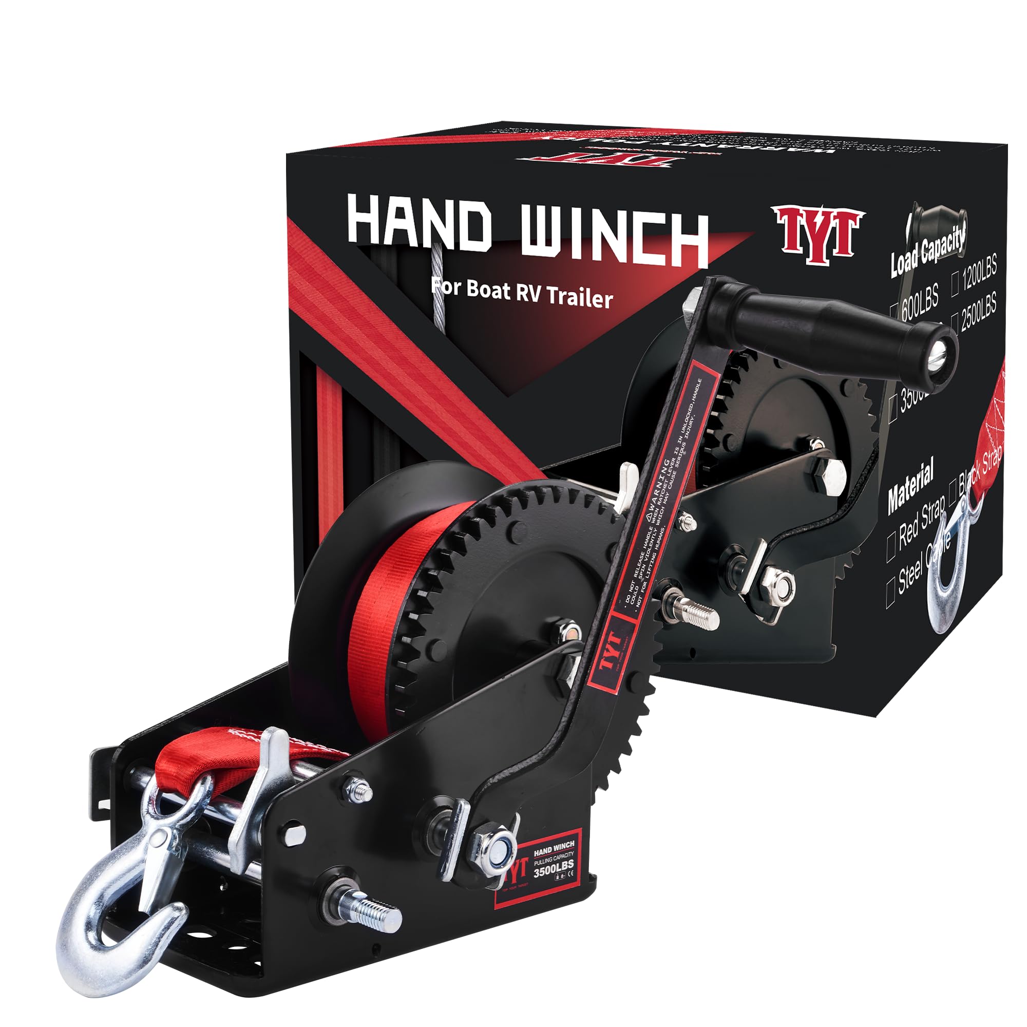 Photo 1 of TYT 3500LB Boat Trailer Strap Winch with 10M Red Strap, Sturdy Long-Lasting Gear Hand Crank Winch, Operated Two Way Ratchet Manual Winches for Towing Pulley Boat Trailer Truck RV Jet Ski Marine Winch