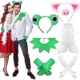 Maiteenly 7 Pcs Halloween Frog and Pig Costume Couple Accessories Include Frog Headband Collar and Pig Headband Nose Feather Boa Gloves for Halloween Adults Cosplay Party
