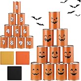 Simgoing 13 Pcs Halloween Carnival Games Can Toss Game Set | Jack-o'-lantern Design, 10 Cans 3 Bean Bags, Numbered Cans, Outdoor Carnival Activity, Orange Theme for Halloween Gatherings