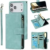 RANYOK Wallet Case Compatible with iPhone 17 Pro Max Case, with 6 Card Holder RFID Blocking, PU Leather Zipper Flip Wallet Pocket, Kickstand, Wrist Strap | Protective Phone Cover, Light Blue