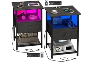 HDDDZSW LED Nightstands Set of 2 with Charging Station, Bedside Tables with USB Ports and Outlets, End Table with Fabric-Wood 2-in-1 Drawer for Small Spaces, Grey Side Table for Bedroom, Living Room