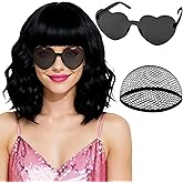 PLULON Black Wavy Bob Wig with Heart Sunglasses for Women, Colored Short Bob Shoulder Length Curly Wigs with Bangs Daily Hairpieces for Girls Everyday Hairstyle Photography Birthday Sisters Gathering