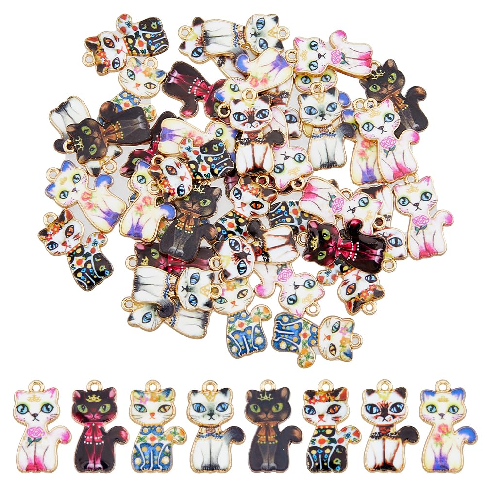DICOSMETIC 48Pcs 8 Styles Kitty Cat Charms Cartoon Kitten Charms Printed Animal Charms Light Gold Cat Pendants Alloy Playful Feline Components for DIY Jewelry Making, Hole: 1.6m