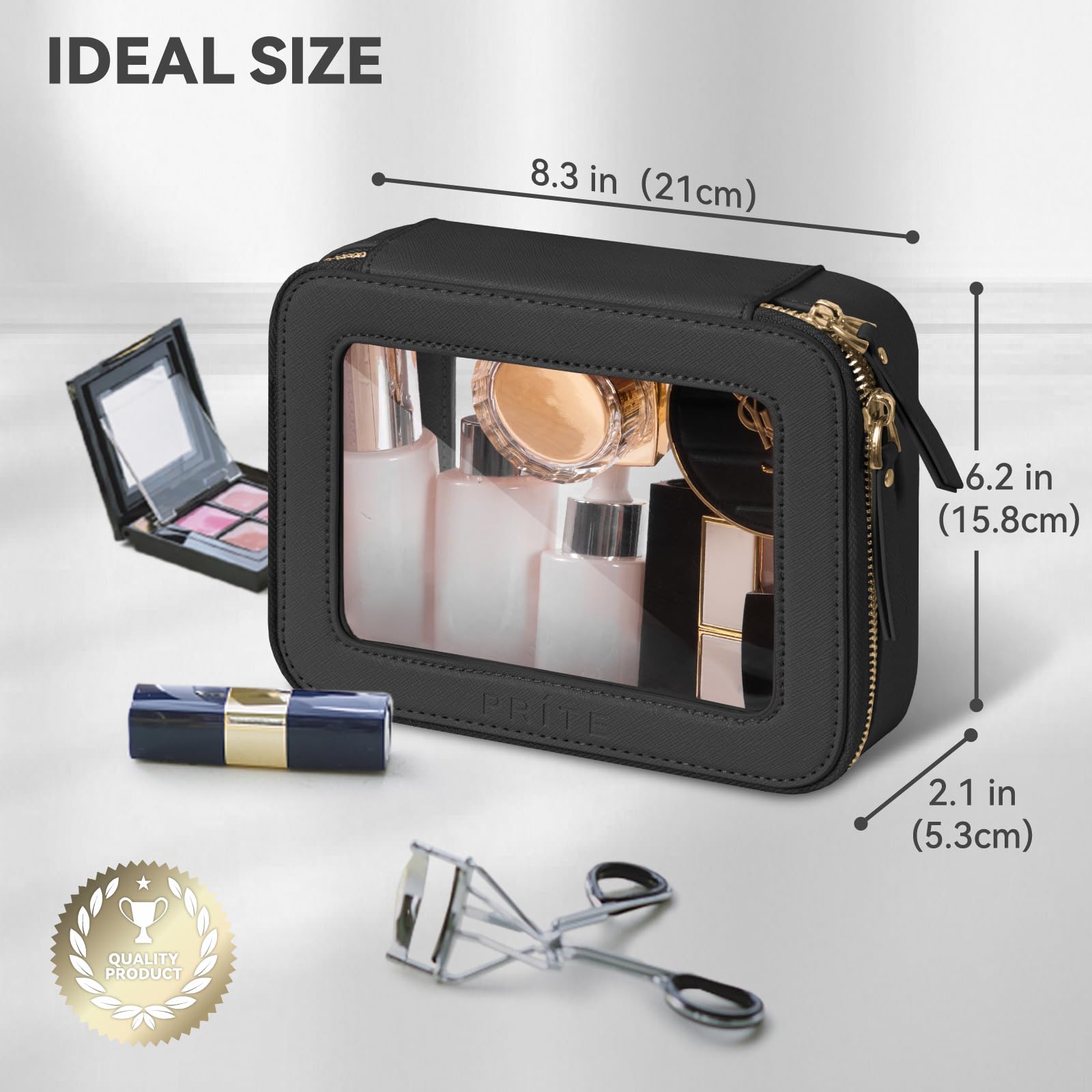 Prite Transparent Kosmetiktasche Durchsichtig Kulturtasche Damen Make Up Tasche Reise wasserdichte Kulturbeutel Auto Organizer mit Goldenem Doppelreißverschlüss (Schwarz)