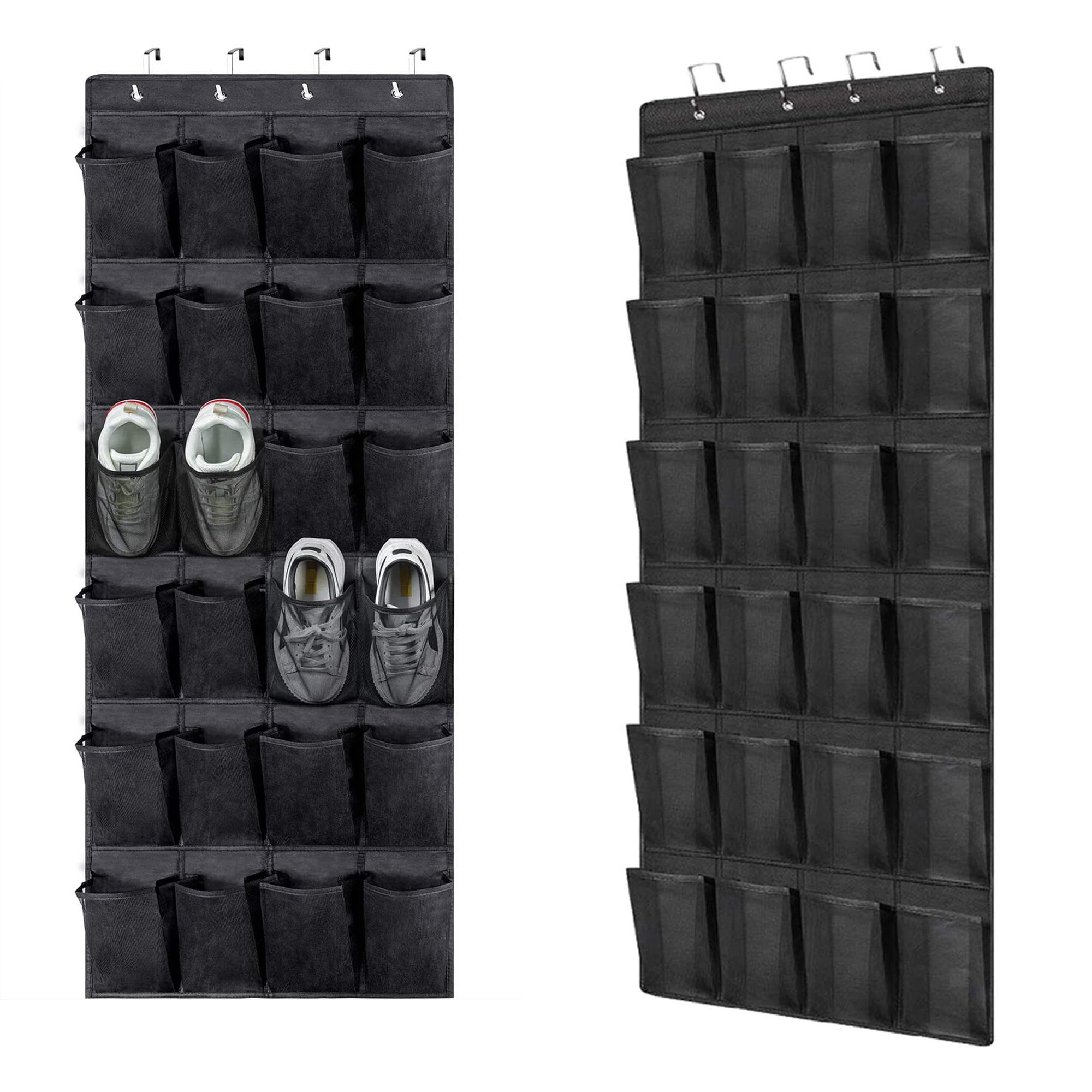 plastific Over the Door Shoe Storage Organiser Hanging Shoe Rack Holder Bag Wall Mounted with 24 Large Mesh Pockets for Wardrobe Door Slippers Tidy with Hanger (Black)