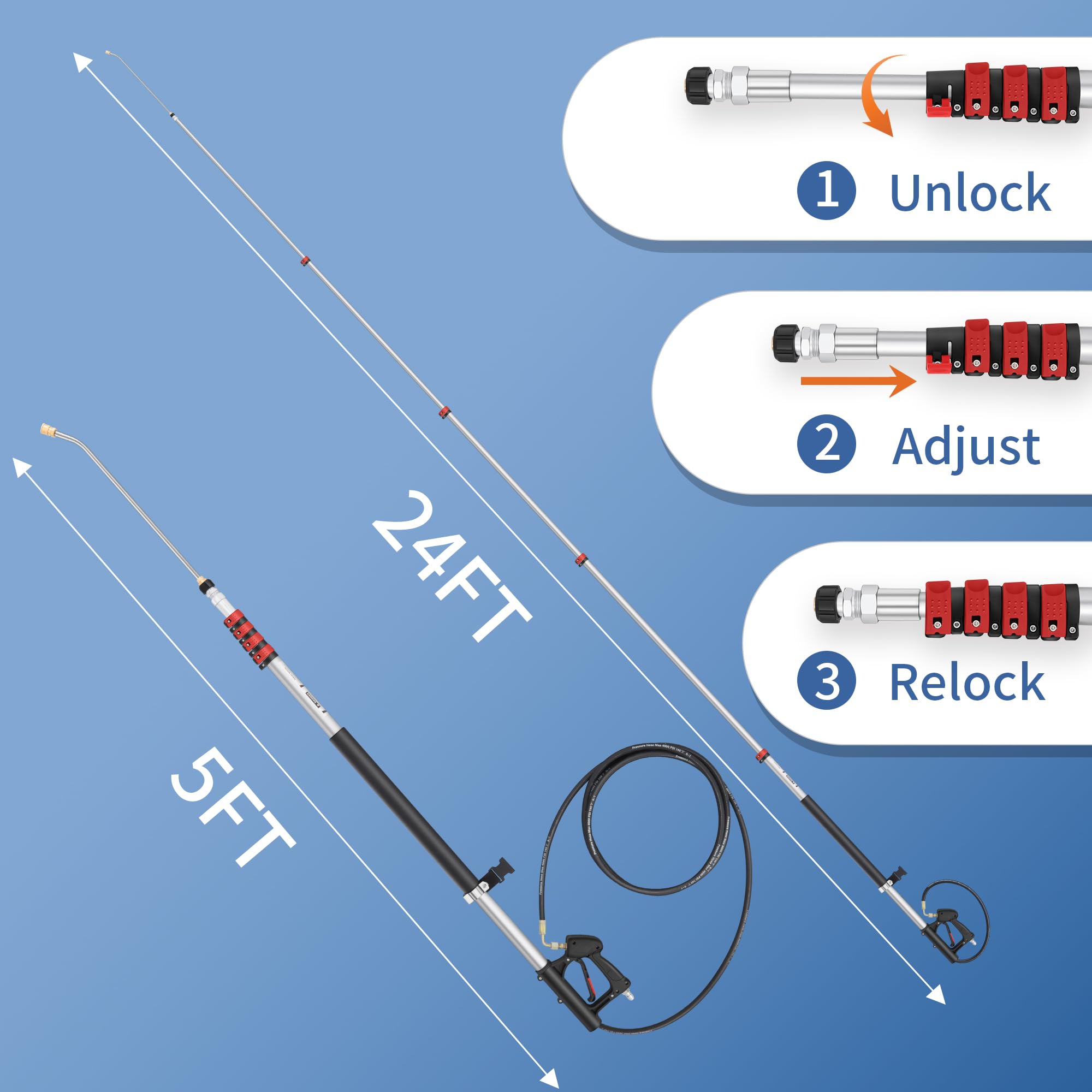 24 FT Pressure Washer Telescoping Wand - High Pressure Washer Wand Included Power Washer Extension Wands, Gutter Cleaner, 7 Spray Nozzle Tips, 2 Hose Adapters and Support Belt