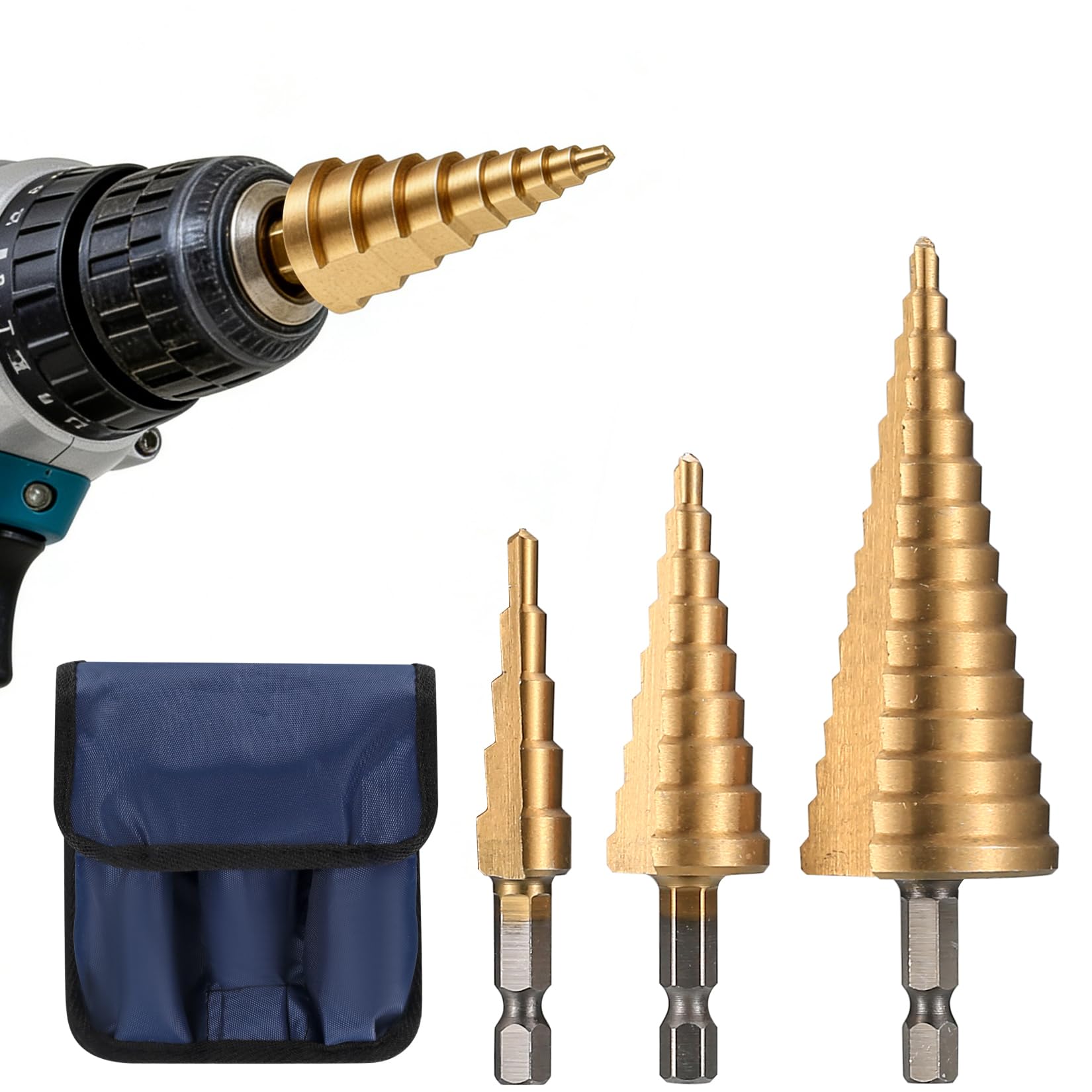 3 Pcs HSS Step Drill Bit Set, 4mm-12/20/32mm High Speed Steel Step Drill Bits Set Titanium Coated, Cone Hole Cutter Drill Bits with Universal Hex Shank for Wood Metal Plastic PVC Board Sheet