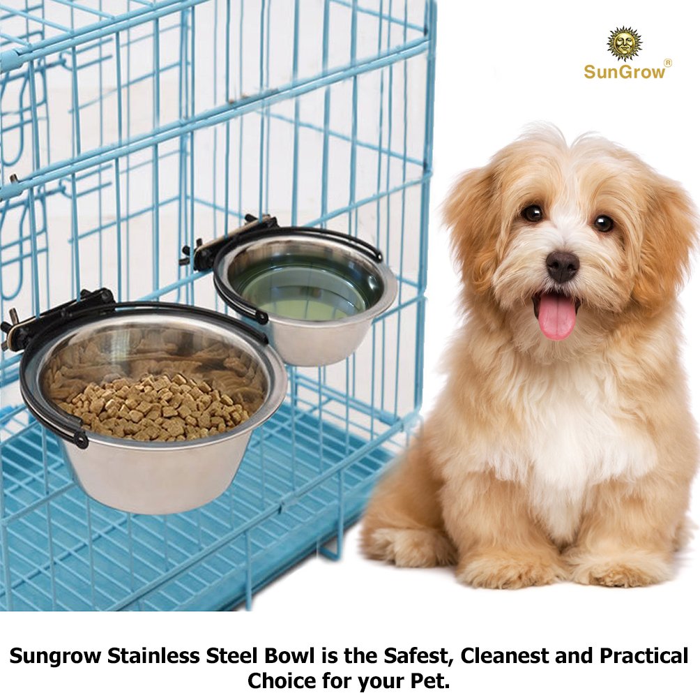 2 Stainless Steel Bowl for Pets by SunGrow: Easily attaches to cage; Perfect for Cats and Dogs; Simple removal; Reduce water and food spills; 30 oz/20 oz