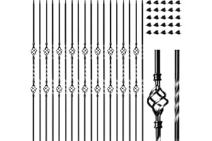 ACNOYEL 30 Pack Wrought Iron Balusters for Staircase Interior, 1/2" x 44" Hollow Deck Spindles Stair Railing Indoor with 60 Fixed Swivel Shoes, Metal Double Basket Decorative Stair - Matte Black