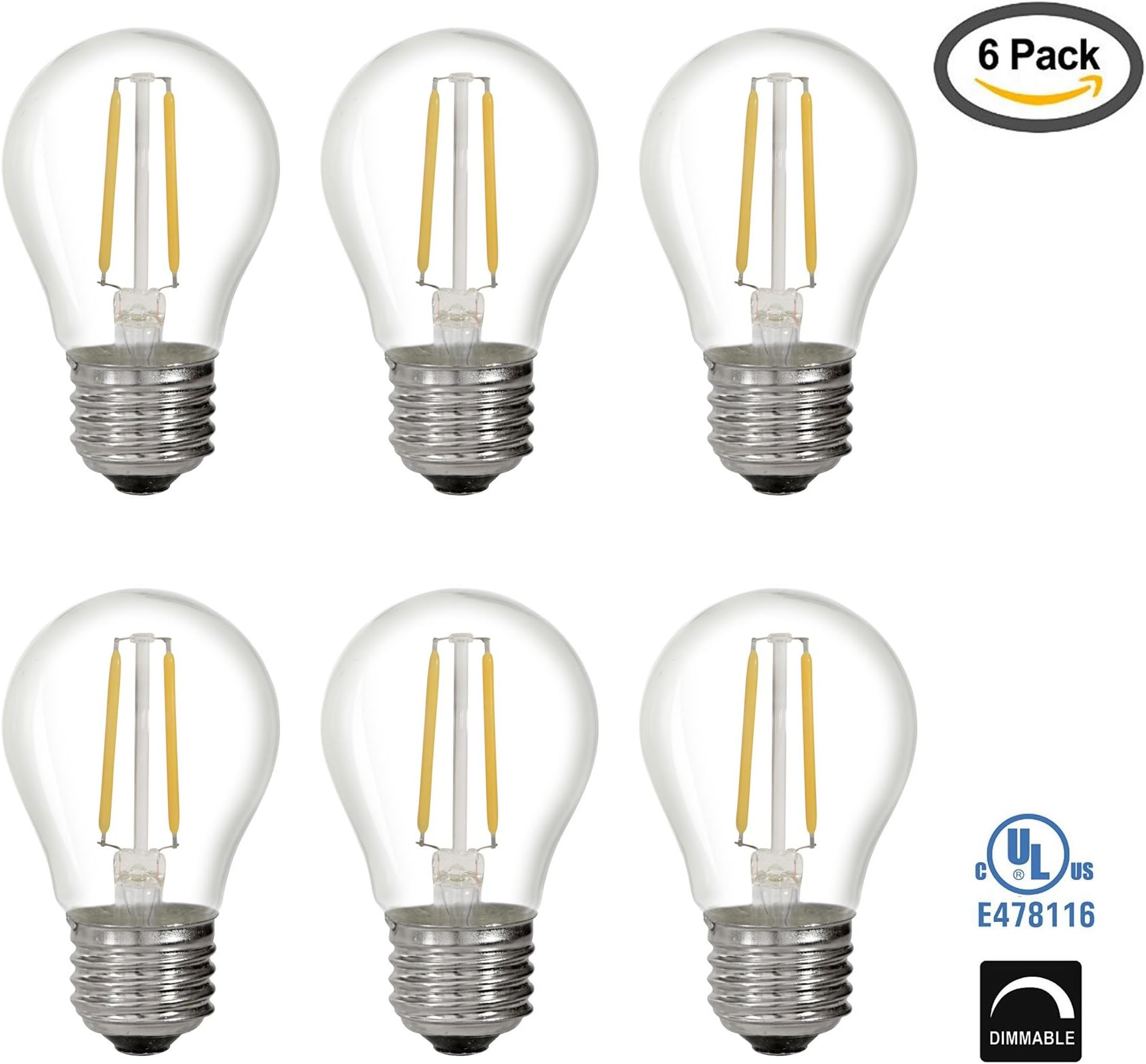 LytheLED (6 Pack) LED A15 Decorative Filament Bulb, 2-Watt (20W Replacement) 2200K Ultra Warm, (Amber Glow) Crystal Clear Glass (E26) Medium Base, Dimmable, UL-Listed