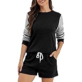YAHESHION Womens Pajama Set Crewneck Striped Long Sleeve Tops Jogger Pockets Shorts Lounge Sleepwear Contrast Color Outfits