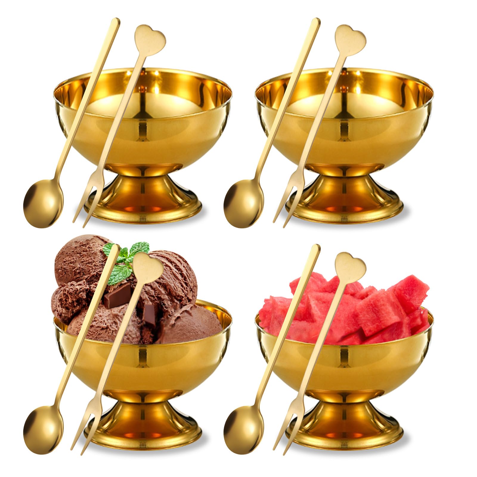 Photo 1 of Simaixing 4Pcs Stainless Steel Ice Cream Bowls with 4 Spoons, 5 Oz Dessert Dishes Ice Cream Cups, Metal Dessert Cups Parfait Glasses, Gold Trifle Bowl with Pedestal for Sundae Salad Snack (4Pcs)