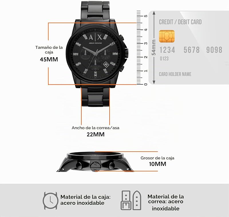 Reloj para hombre, movimiento cronógrafo de cuarzo y caja de 45 mm con correa de acero inoxidable, Grafito y negro