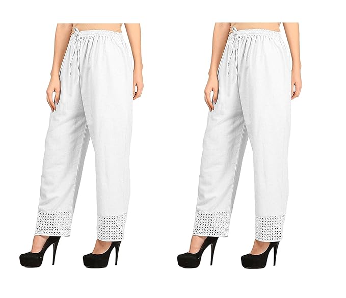 Women's Cotton Palazzo Designer Plain Casual Wear Palazzo for Women/Girl Combo Cotton Palazzo Color-White_ White