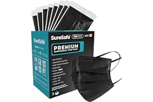 SURESAFE Premium Black Mask - Disposable Face Mask Pack of 100/200/400/2000, 3 Ply with ear loop, Individually Wrapped