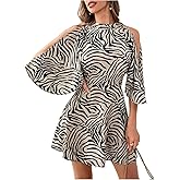 SweatyRocks Women's Cold Shoulder Mock Neck Mini Dresses Printed 3/4 Sleeve A Line Short Dress