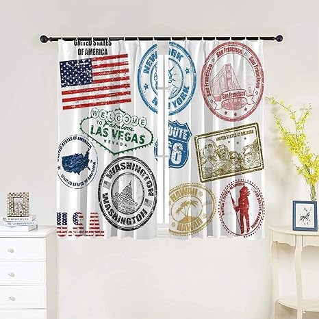 Amazon アメリカ 子供部屋遮光カーテン 1級 カーテン アメリカのグランジスタンプラスベガスニューヨークサンフランシスコハワイイラスト おしゃれ 全色 Uvカット 断熱 節電対策 幅100 丈90cm 2枚 カーテン オンライン通販