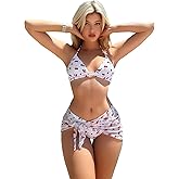 Floerns Women's 3 Piece Bathing Suit Triangle Halter Bikini Set with Beach Skirt