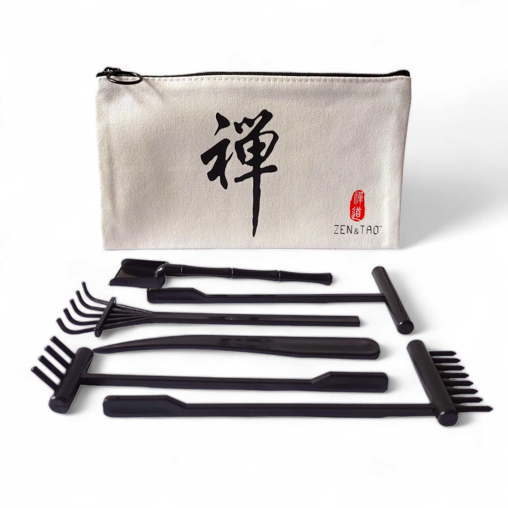 ZEN&TAO Japanese Miniature Zen Garden Six Pieces Tools Kit Set Stylish Design Easy to Clean Mould Free Sturdy and Functional Perfect Match for DIY Mini Zen Garden (Black (with pouch))
