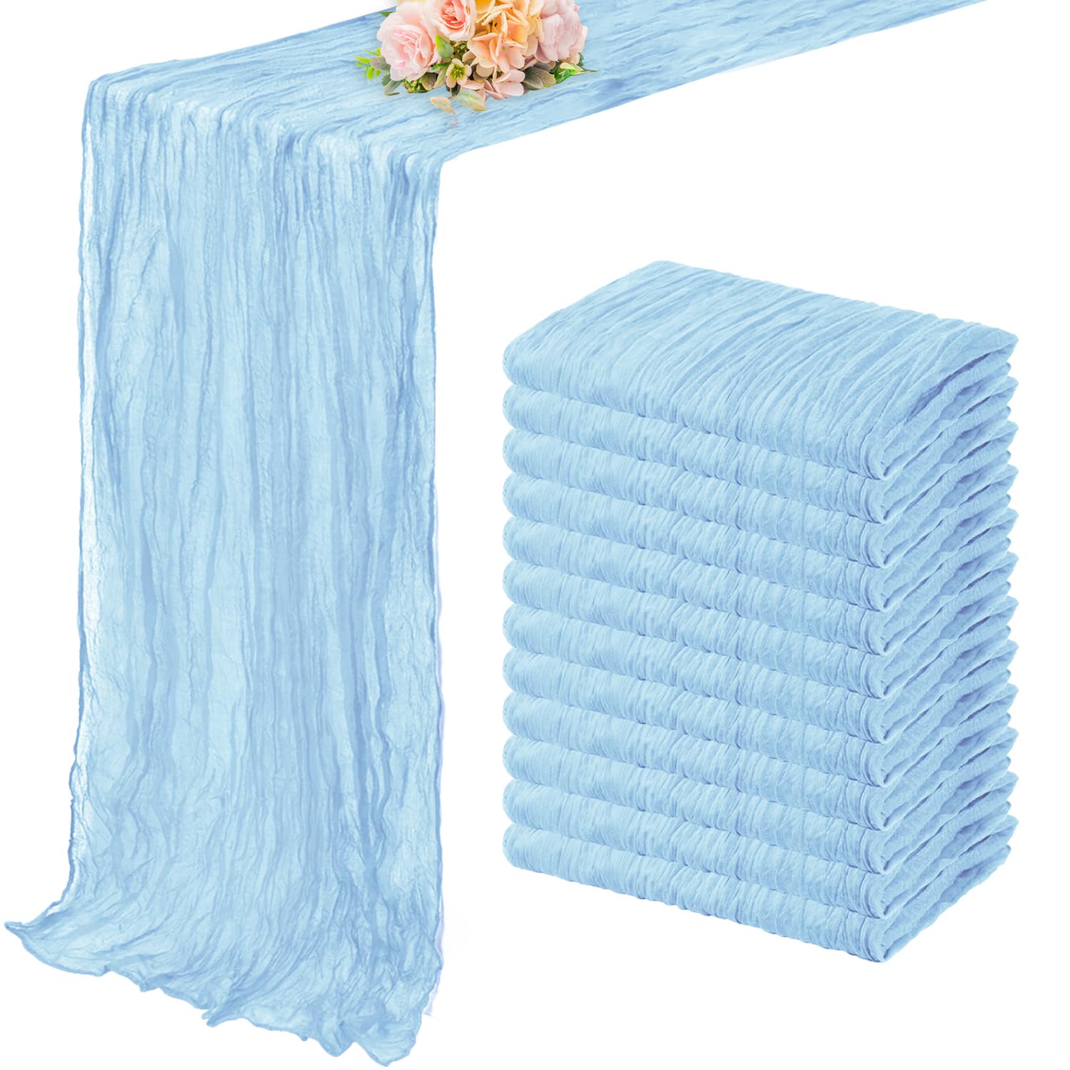 Photo 1 of 12 Pack Baby Blue Cheesecloth Table Runner 20 x 120 Inch Long Rustic Gauze Cheese Cloth Table Runner for Wedding 10FT Bridal Baby Shower Table Decorations Boho Fabric Sheer Birthday Party Table Decor