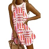 Womens Tank Dress Summer Casual Short Dresses Crew Neck Sleeveless Novelty Floral Printed Loose Aline Sundress Size XL Pink Orange Fish