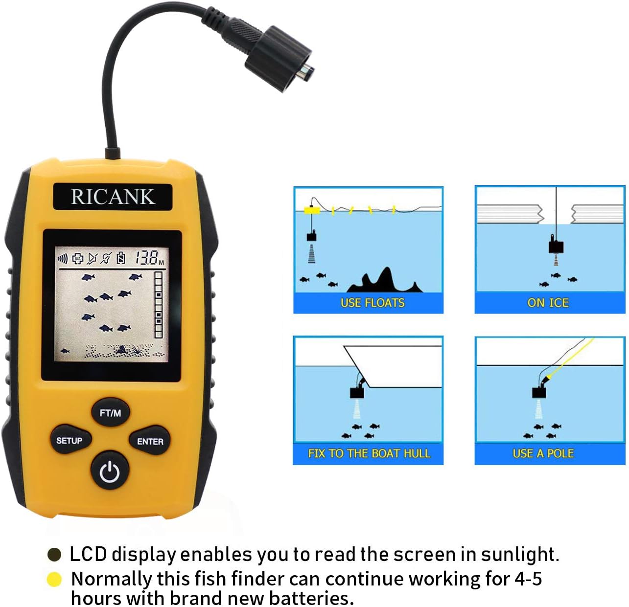 RICANK Portable Fish Finder, Handheld Wired Fish Depth Finder Ice Kayak Fishfinder Shore Boat Fishing Fish Detector Device with Sonar Sensor Transducer and LCD Display Gear Fish Depth Finder Yellow: Sports & Outdoors