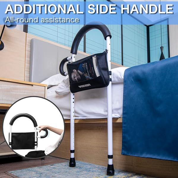BED RAILS FOR ELDERLY ADULTS SAFETY WITH STORAGE POCKET, DUAL HANDLE GRAB BARS HEIGHT ADJUSTABLE BED RAIL BED ASSIST BAR BED RAILS FOR SENIORS – EASY TO GET IN OR OUT OF BED SAFELY WITH FLOOR SUPPORT