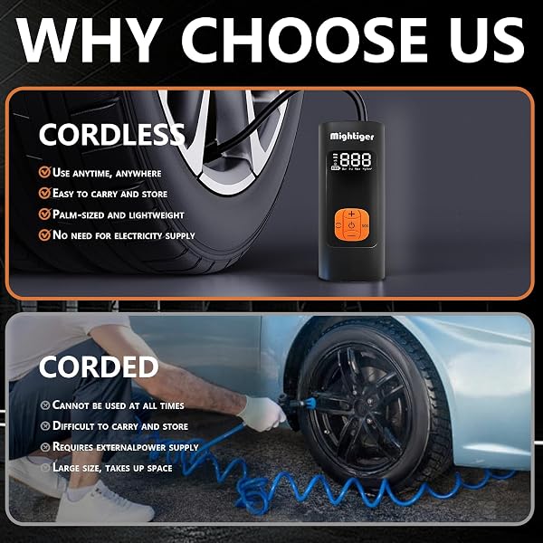 MIGHTIGER TIRE INFLATOR PORTABLE AIR COMPRESSOR CORDLESS MINI AUTOMATIC AIR PUMP WITH DIGITAL PRESSURE GAUGE 150PSI 3X FAST INFLATION AND AUTO SHUTOFF SOS LIGHT TIRES PUMP FOR CAR (BLACK)