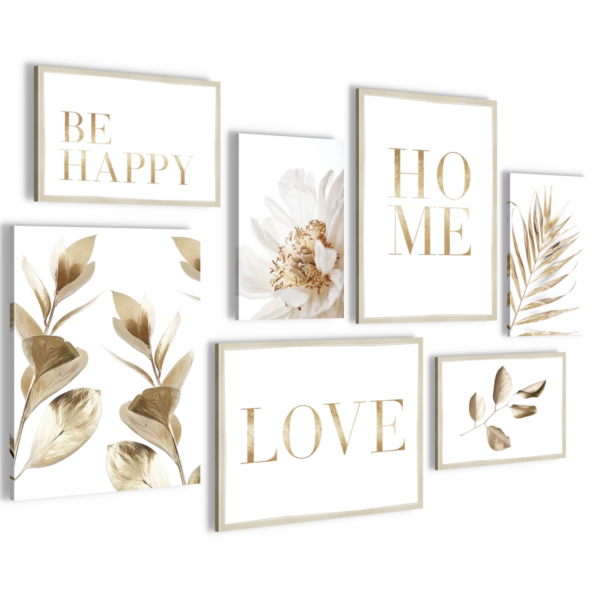 Novart Set of Canvas - COMPLETELY READY TO HANG - Pictures for Wall - Boho Gold Leaves - 7 Parts - Living Room Bedroom N021571a