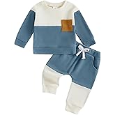 Kupretty Toddler Baby Boy Fall Winter Clothes Color Block Waffle Outfit Sweatshirt Pullovers + Pants Set 6 12 18 24 Months
