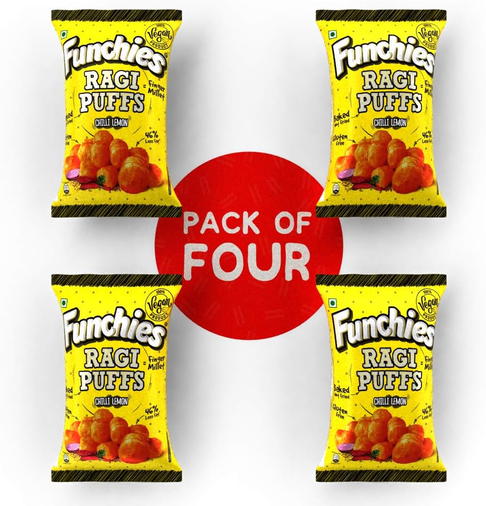 Funchies Baked Gluten Free Vegan Ragi Puffs - Chilli Lemon, 400 Grams (Pack of 4)