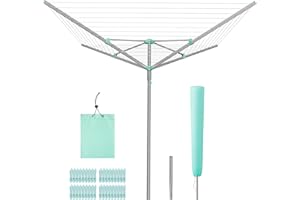 SONGMICS Umbrella Drying Rack, Rotary Washing Line, Foldable Heavy-Duty Outdoor Clothes Drying Rack with Clips, Cover, Ground