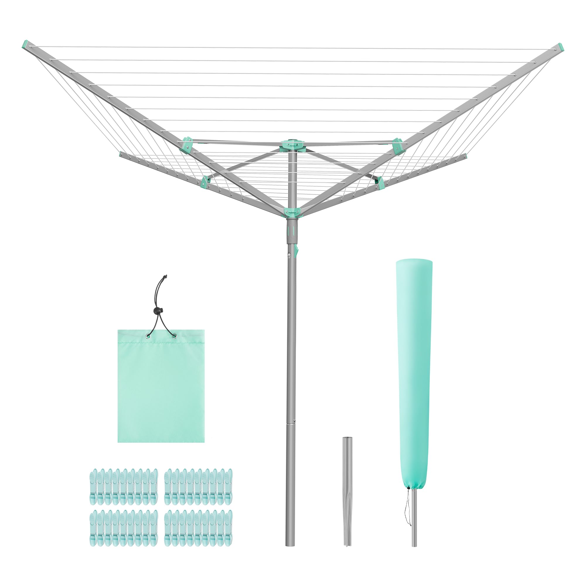 SONGMICS Wäschespinne, Wäscheständer, drehbar, klappbar, draußen, Garten, mit Wäscheklammern, Schutzhülle, silbern, 60 m Wäscheleine, für 6 Waschladungen LLR308EZ01