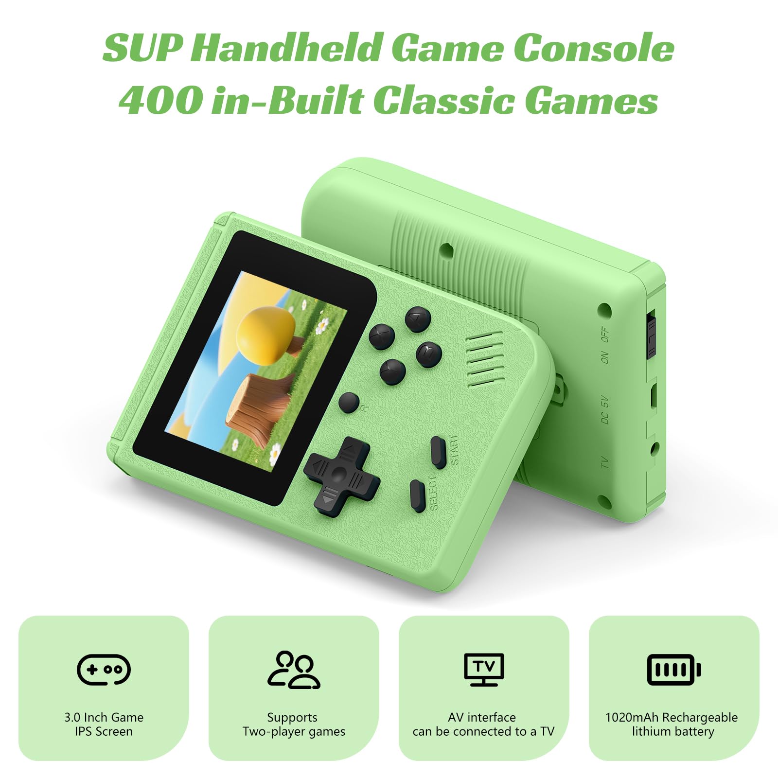 Retro Handheld Games Console, Built-in 400 Video Games,Portable Video Gaming Player with 3.0 Inch IPS Screen and Rechargeable Battery (Green)