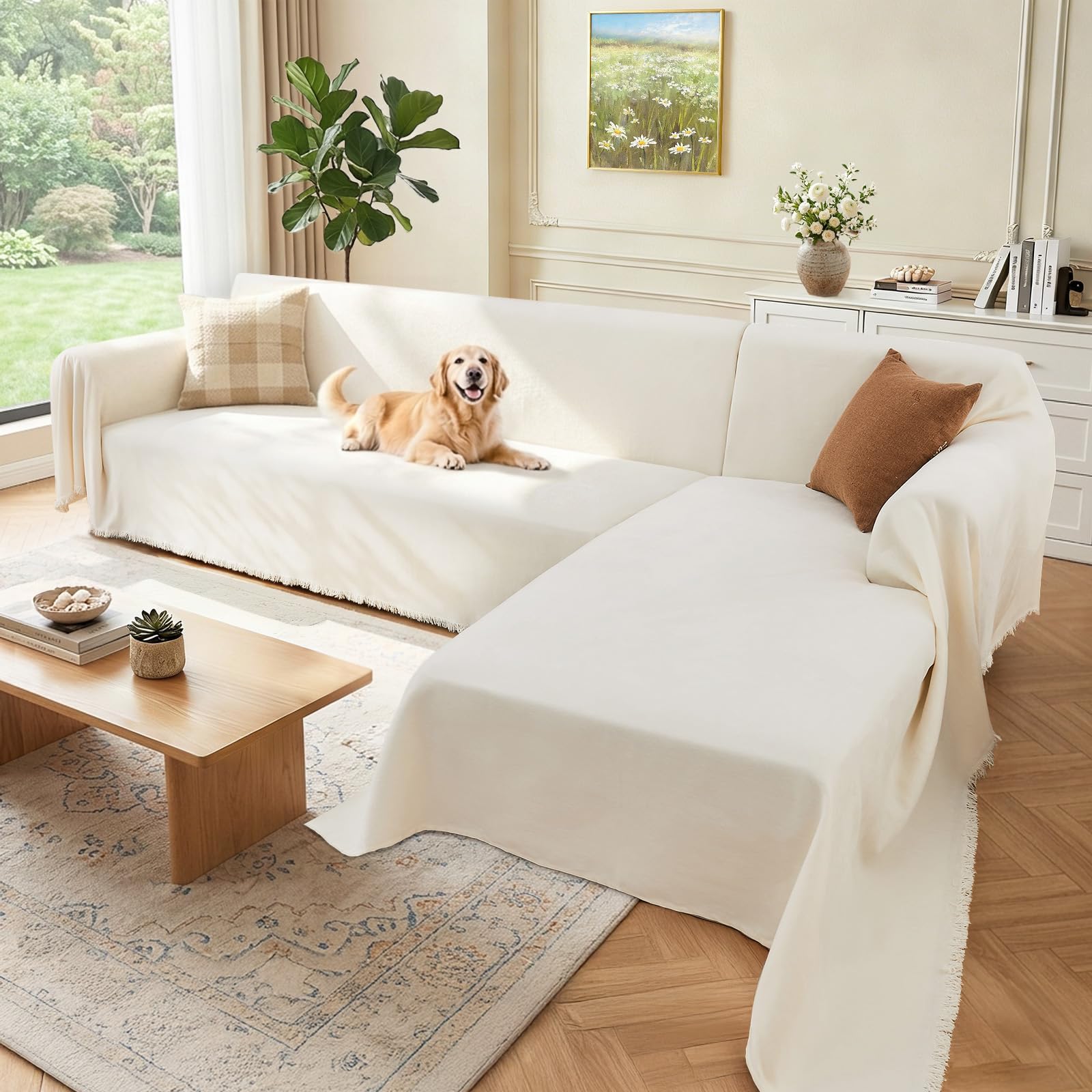 Photo 1 of Houmiggle Sectional Couch Covers, 2 Pieces Washable L Shaped Couch Covers Sofa Blanket for Dogs Pet Friendly Sectional Sofa Slipcovers Furniture Covers,71"x 102"+ 71"x 110",(Large,Cream White)