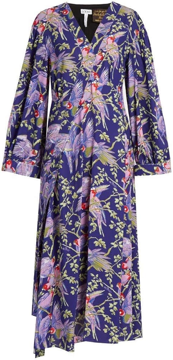 Amazon Co Jp ロエベ Loewe レディース ワンピース ドレス ワンピース X Paula S Ibiza Bird Print Crepe Midi Dress 並行輸入品 服 ファッション小物