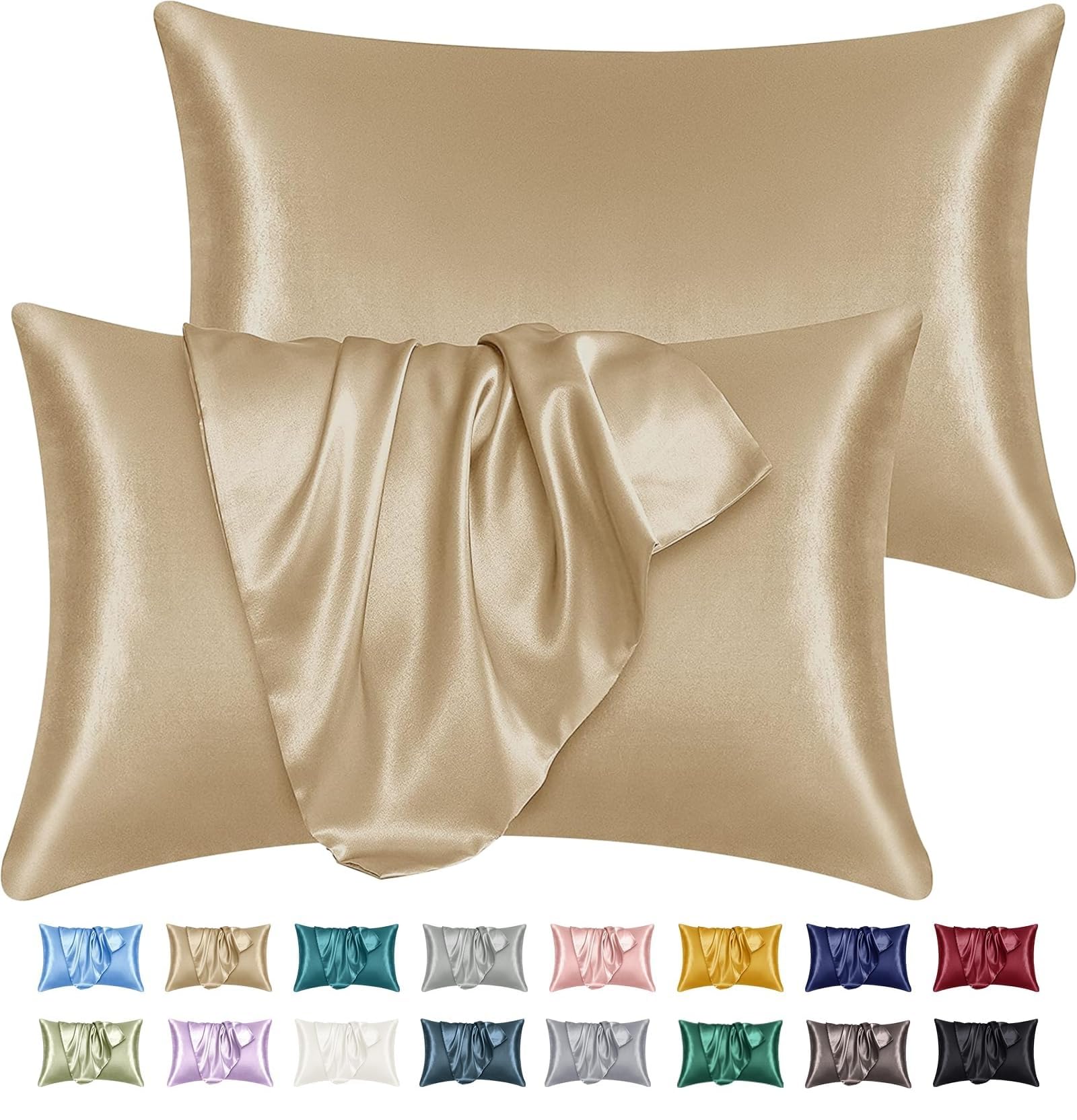 Yorkshire Bedding Satin Pillow Cases 2 Pack – Luxurious Champagne Pillowcases For Hair and Skin Standard Size with Envelope Closure Hypoallergenic 50 x 75 cm