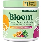 Bloom Nutrition Superfood Greens Powder, Orange Passionfruit, 30 Servings | Digestive Enzymes with Probiotics and Prebiotics, Gut Health, Bloating Support, Chlorella, Green Juice Mix