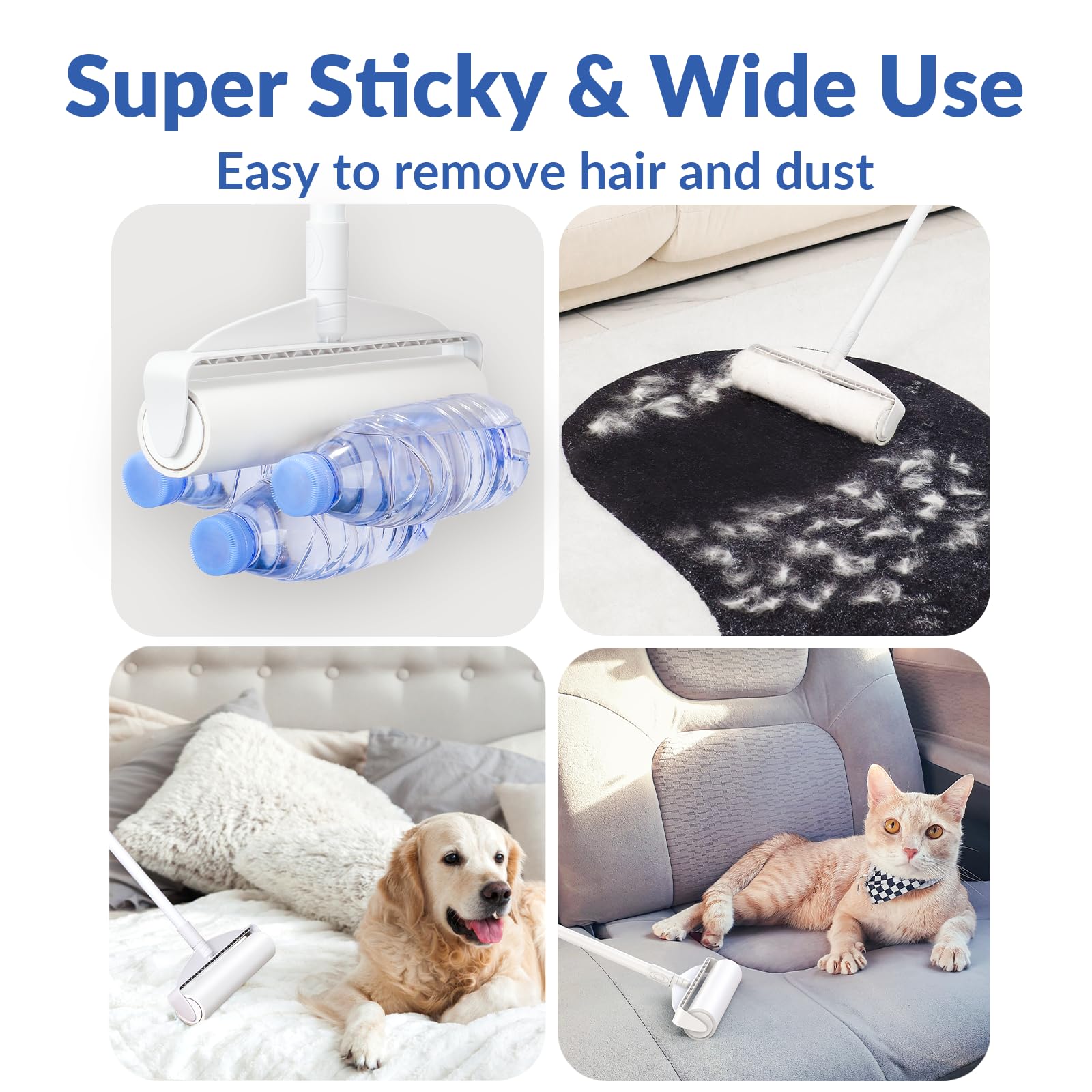 Large Lint Rollers for Carpet, Sticky Rollers for Floor DELOMO 9.45 in with 3 Extendable Handle, Long Handle Sticky Mop for Cleaning Carpets, Cars, Clothing, and Pet Hair