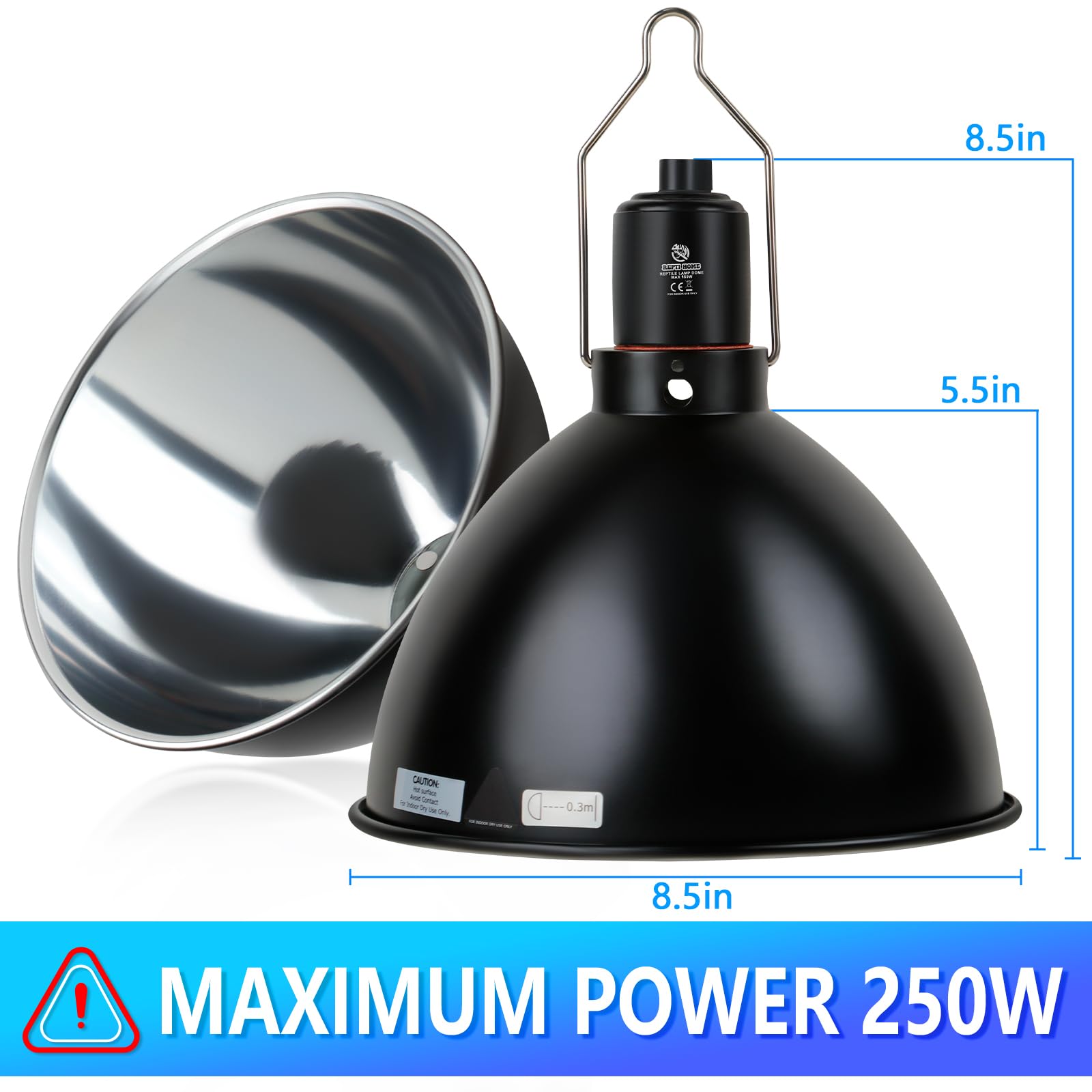 Condition photo showing New/Like New for repti home reptile light fixture, 8.5 inch optical reflection dome heat lamp fixture, uvb heat baski