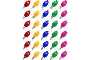 Hobbynors 30-Pack C7 Multicolor LED Replacement Bulbs, Transparent Shatterproof Christmas Light Bulbs (5-Color), E12 Base for