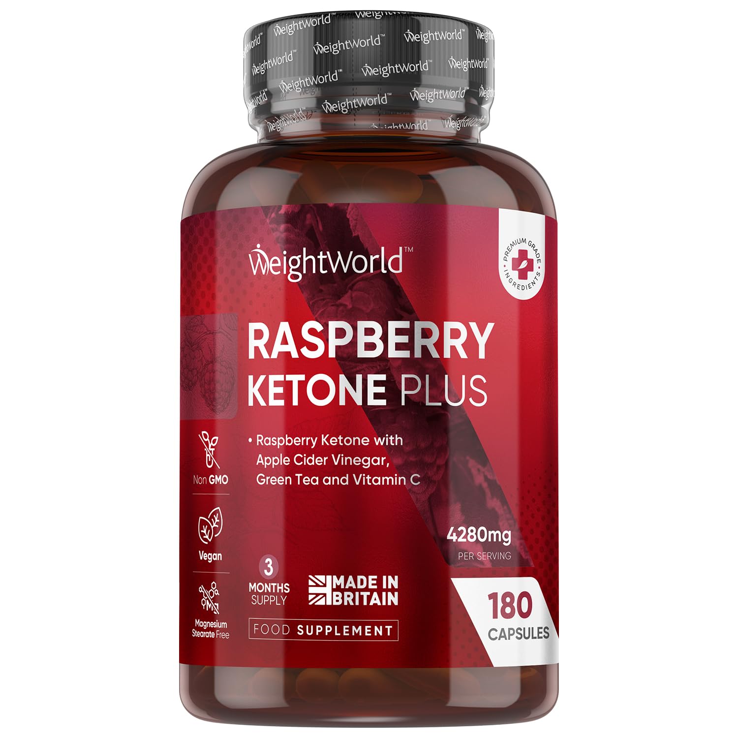 Raspberry Ketone Plus 4280mg - 180 Vegan Capsules - with Apple Cider Vinegar, Vitamin C, Caffeine & Green Tea - 3 Months Supply - Keto & Low Carb Diet-Friendly Raspberry Ketones Supplement